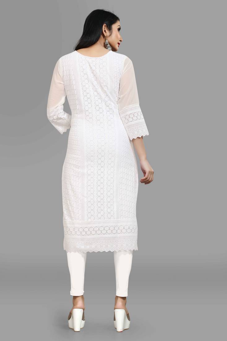 Wlosea Fashion Georgette Chiffon Chikankari Embroidery White stitched Only Kurti