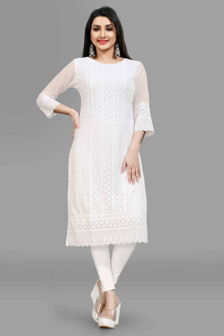 Wlosea Fashion Georgette Chiffon Chikankari Embroidery White stitched Only Kurti