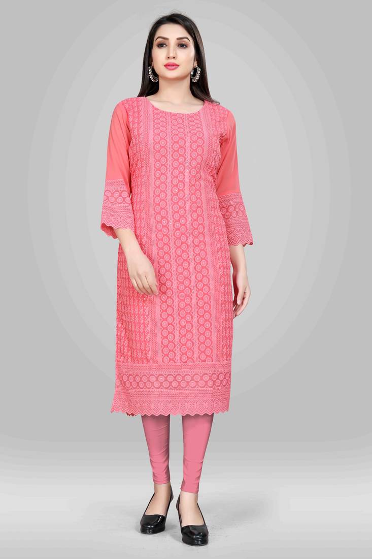 Wlosea Fashion Georgette Chiffon Chikankari Embroidery Pink stitched Only Kurti