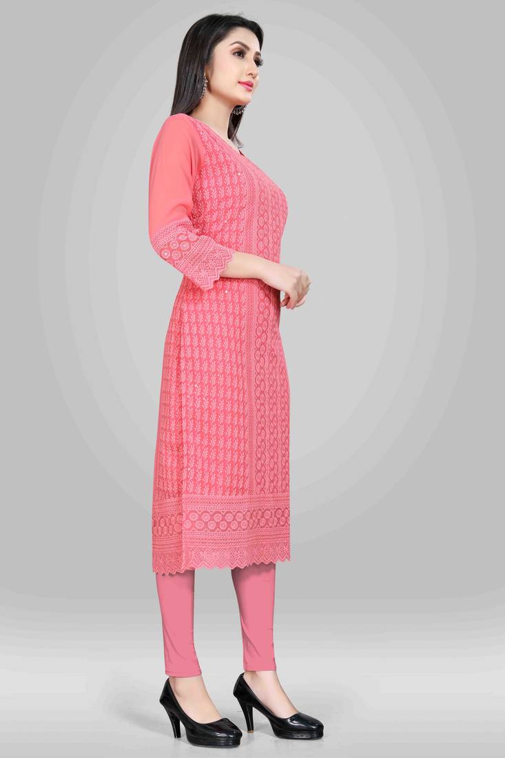 Wlosea Fashion Georgette Chiffon Chikankari Embroidery Pink stitched Only Kurti