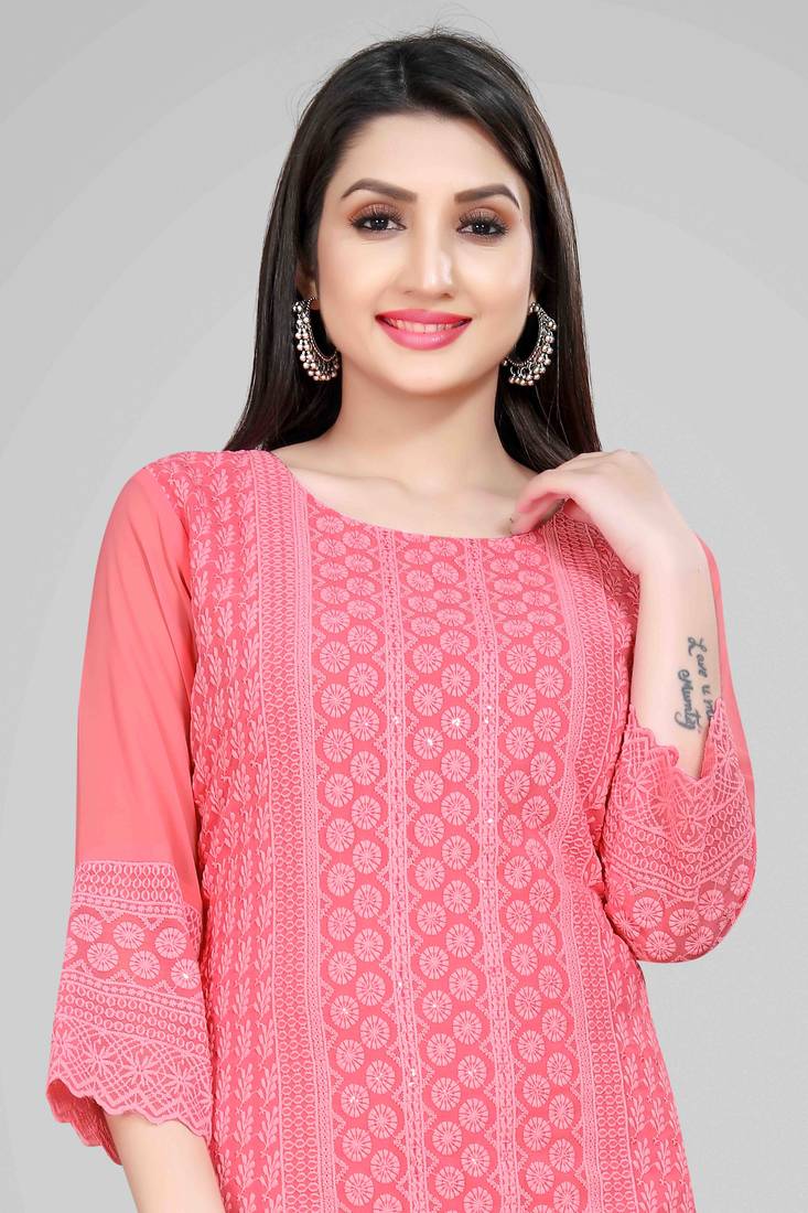 Wlosea Fashion Georgette Chiffon Chikankari Embroidery Pink stitched Only Kurti