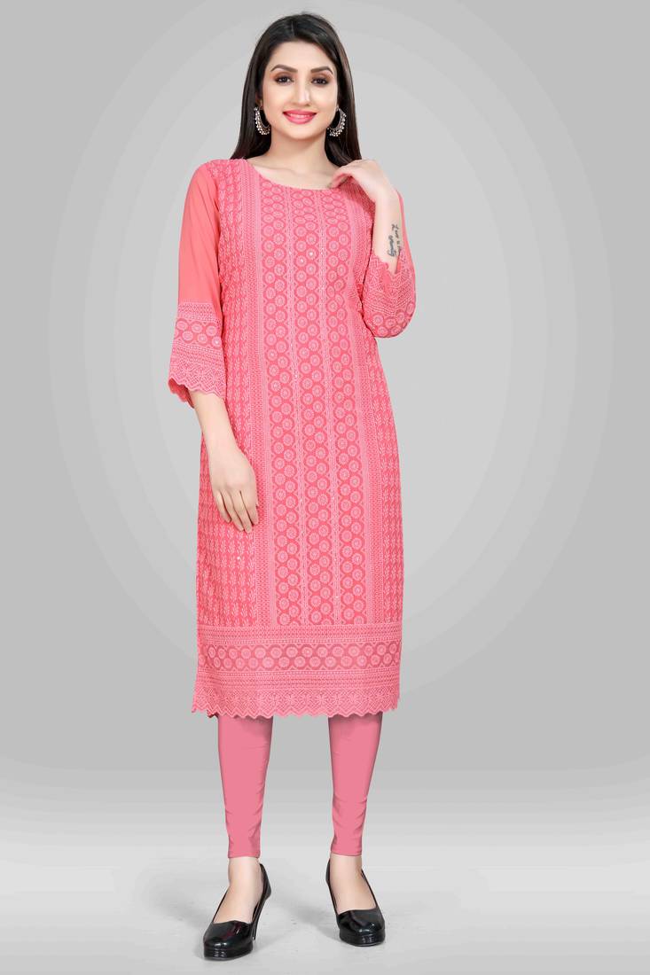 Wlosea Fashion Georgette Chiffon Chikankari Embroidery Pink stitched Only Kurti