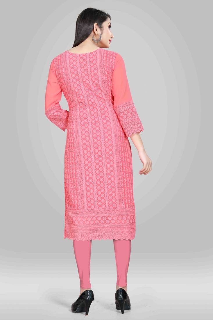 Wlosea Fashion Georgette Chiffon Chikankari Embroidery Pink stitched Only Kurti
