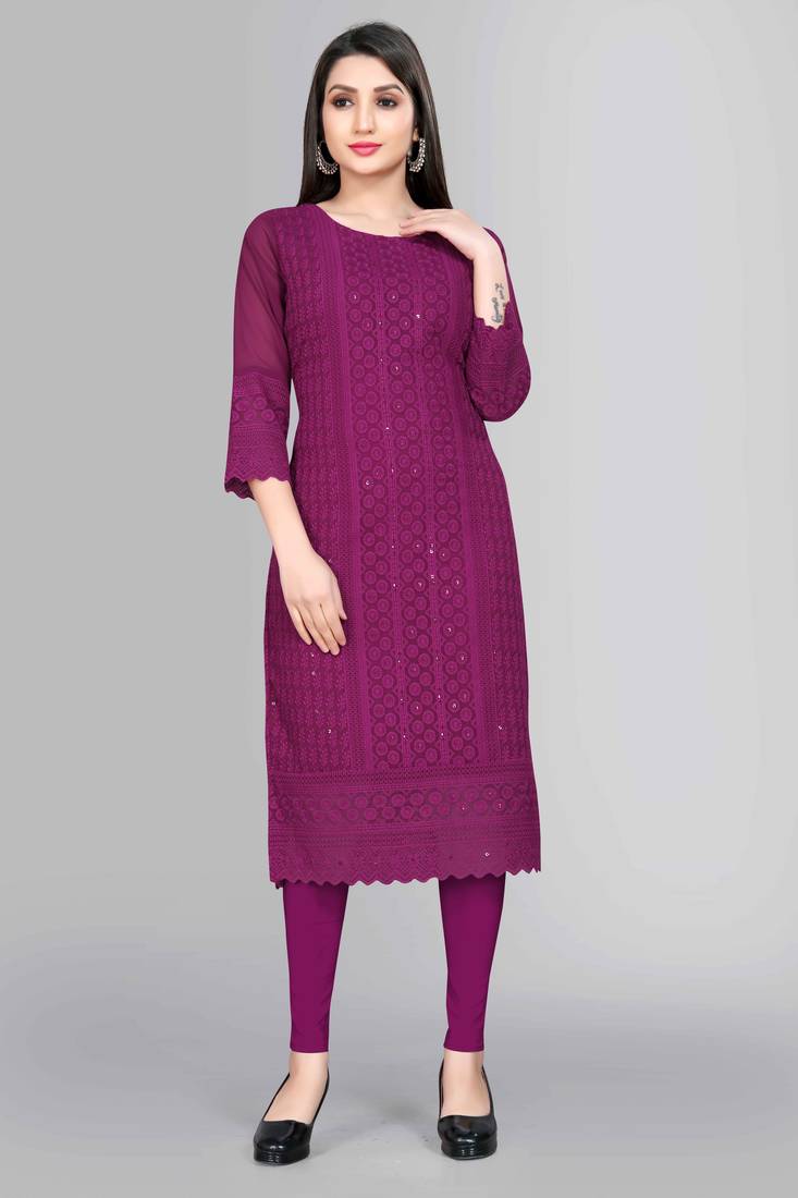 Wlosea Fashion Georgette Chiffon Chikankari Embroidery Wine stitched Only Kurti