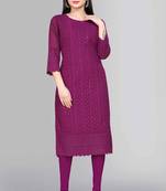 Wlosea Fashion Georgette Chiffon Chikankari Embroidery Wine stitched Only Kurti