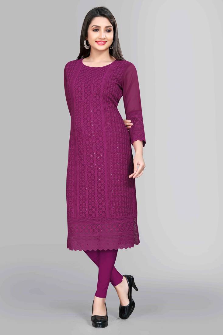 Wlosea Fashion Georgette Chiffon Chikankari Embroidery Wine stitched Only Kurti