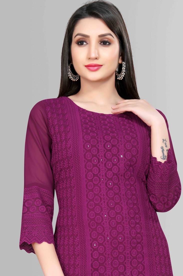 Wlosea Fashion Georgette Chiffon Chikankari Embroidery Wine stitched Only Kurti