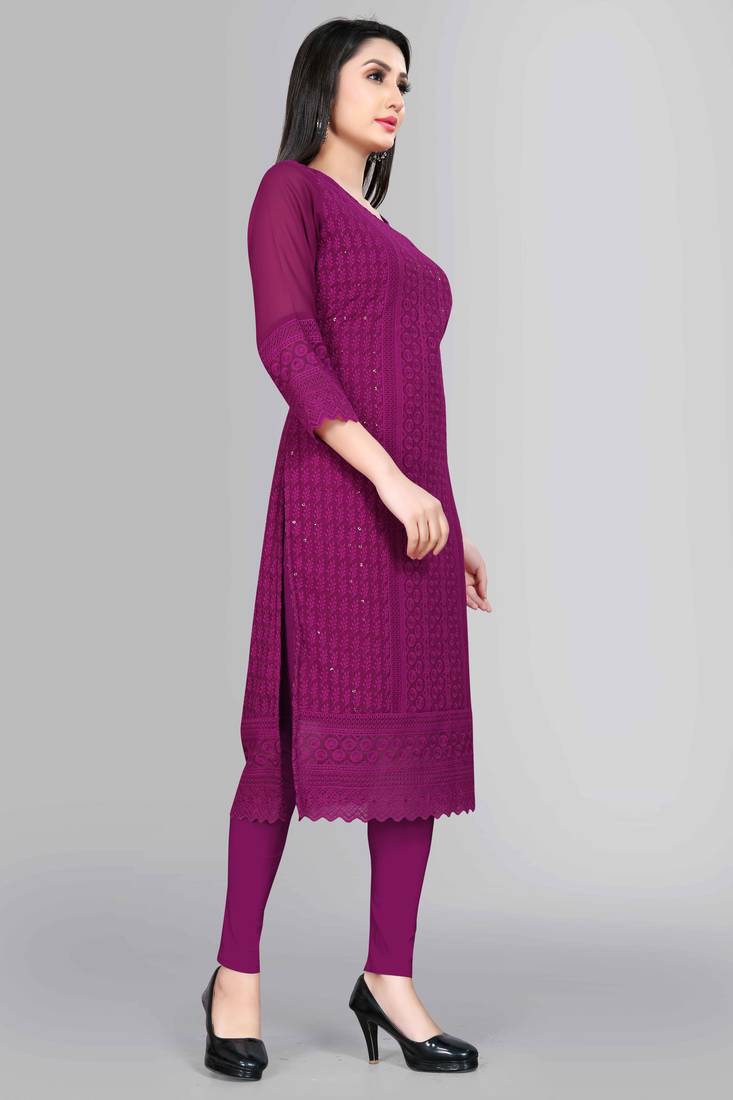 Wlosea Fashion Georgette Chiffon Chikankari Embroidery Wine stitched Only Kurti