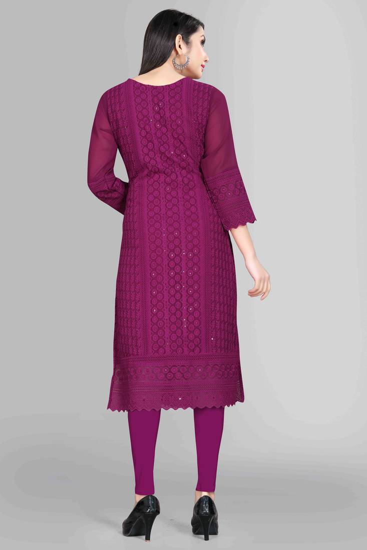 Wlosea Fashion Georgette Chiffon Chikankari Embroidery Wine stitched Only Kurti