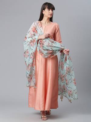 Peach plain art silk long-kurtis 1
