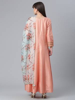 Peach plain art silk long-kurtis 2