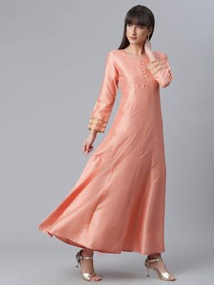 Peach plain art silk long-kurtis 3