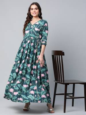Dark-green printed crepe long-kurtis 1