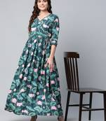 Dark-green printed crepe long-kurtis