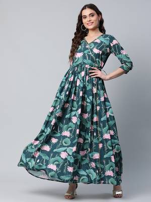 Dark-green printed crepe long-kurtis 2