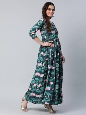 Dark-green printed crepe long-kurtis 5