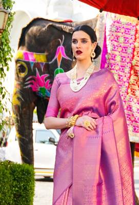 Purple Kumbhi silk bland Kanjivaram style festive wear zari border saree with Blouse 3