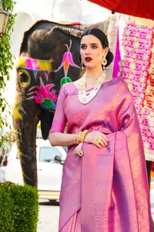 Purple Kumbhi silk bland Kanjivaram style festive wear zari border saree with Blouse