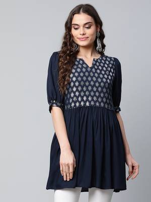 Navy-blue printed rayon short-kurtis 1