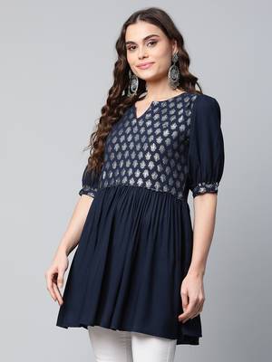 Navy-blue printed rayon short-kurtis 3