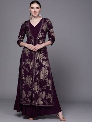 Burgundy printed crepe long-kurtis 1