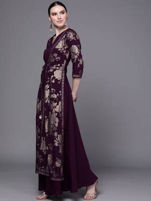 Burgundy printed crepe long-kurtis 2