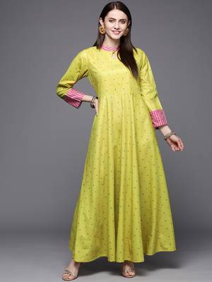 Yellow printed velvet long-kurtis 1