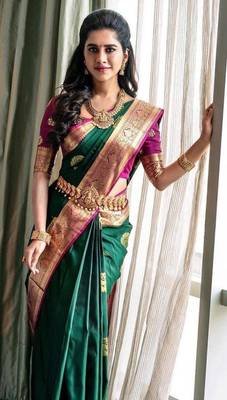 GREEN BANARASI STYLE SILK SAREE WITH BLOUSE 4