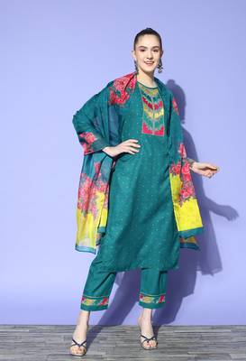 Teal Zari Sequence Embroidered Ruby Cotton Kurta Pant With Dupatta 1