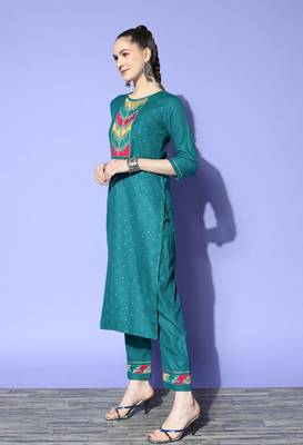 Teal Zari Sequence Embroidered Ruby Cotton Kurta Pant With Dupatta 3