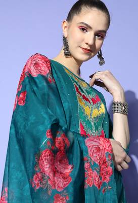 Teal Zari Sequence Embroidered Ruby Cotton Kurta Pant With Dupatta 4