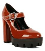 Tan Millenial Bug Patent High Heeled Mary Jane Shoes