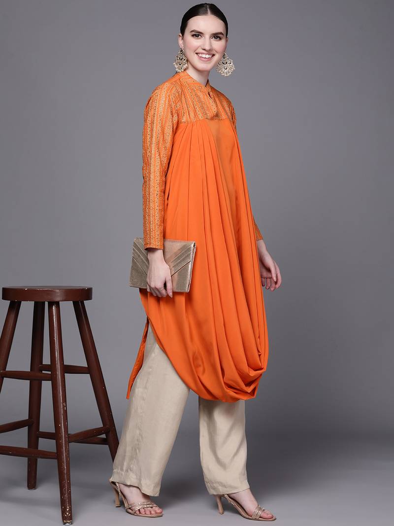 Orange printed crepe long-kurtis