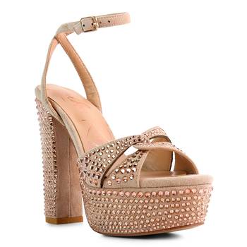Beige Bellini Diamante  High Block Heeled Sandals 1