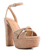 Beige Bellini Diamante  High Block Heeled Sandals