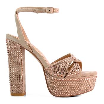 Beige Bellini Diamante  High Block Heeled Sandals 2