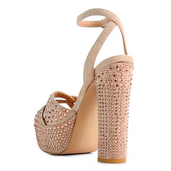 Beige Bellini Diamante  High Block Heeled Sandals 3