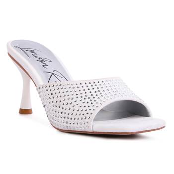 White Imprint Diamante Stud Slip On Sandals 1