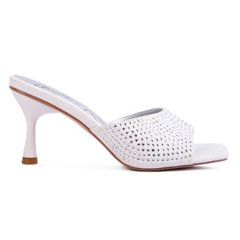 White Imprint Diamante Stud Slip On Sandals 2