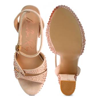Beige Bellini Diamante  High Block Heeled Sandals 5
