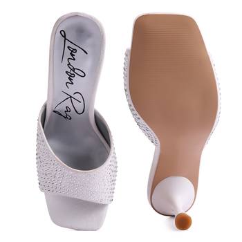 White Imprint Diamante Stud Slip On Sandals 5