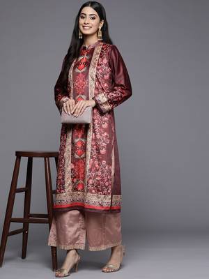 Burgundy printed velvet long-kurtis 1
