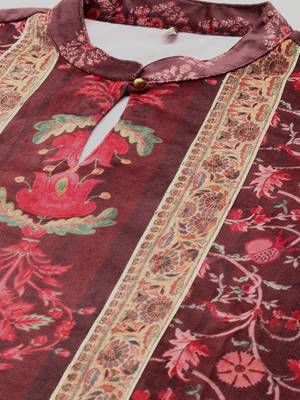 Burgundy printed velvet long-kurtis 2