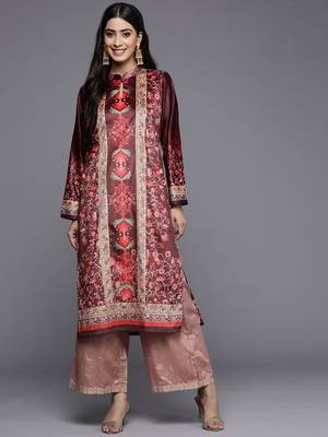 Burgundy printed velvet long-kurtis 3