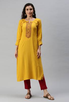 Yellow Embroidered Work Rayon Kurta 1