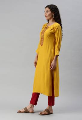 Yellow Embroidered Work Rayon Kurta 3