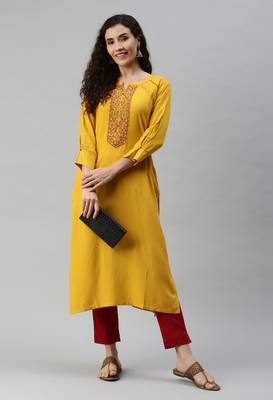 Yellow Embroidered Work Rayon Kurta 5