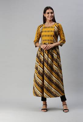 Mustard Abstract Print Cotton Blend Fit & Flare Kurta 1