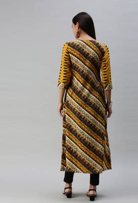 Mustard Abstract Print Cotton Blend Fit & Flare Kurta 2