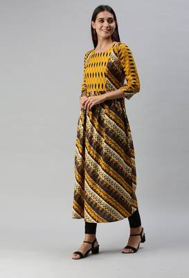 Mustard Abstract Print Cotton Blend Fit & Flare Kurta 3